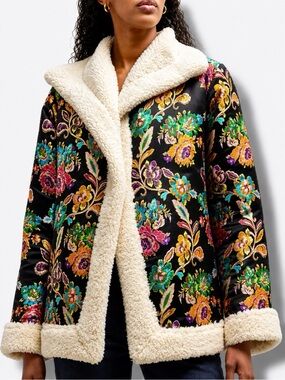 JOHNNY WAS Sofie Floral Jacquard Sherpa Statement Coat